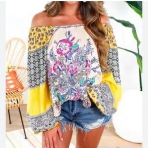 Free People fun Yellow and blue Top with Flutter Sleeves